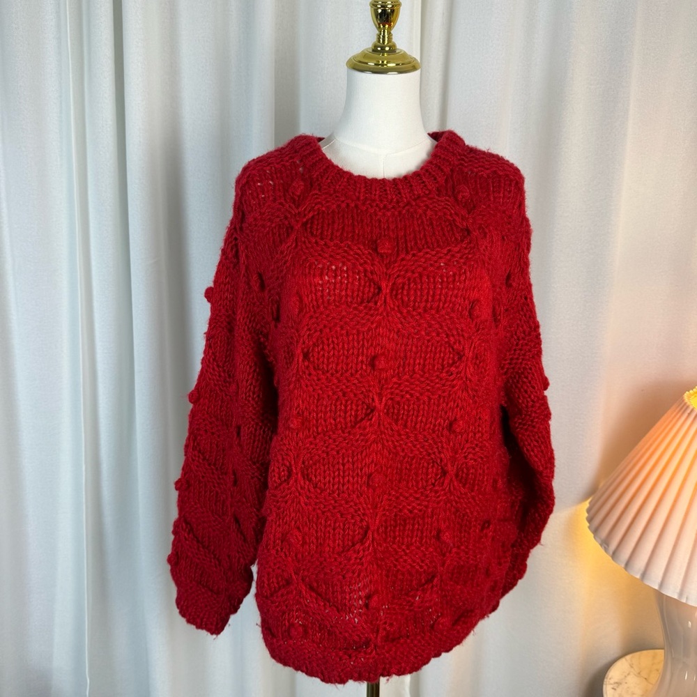 Hand-knit Chunky Red Knit Bobble Sweater size Large